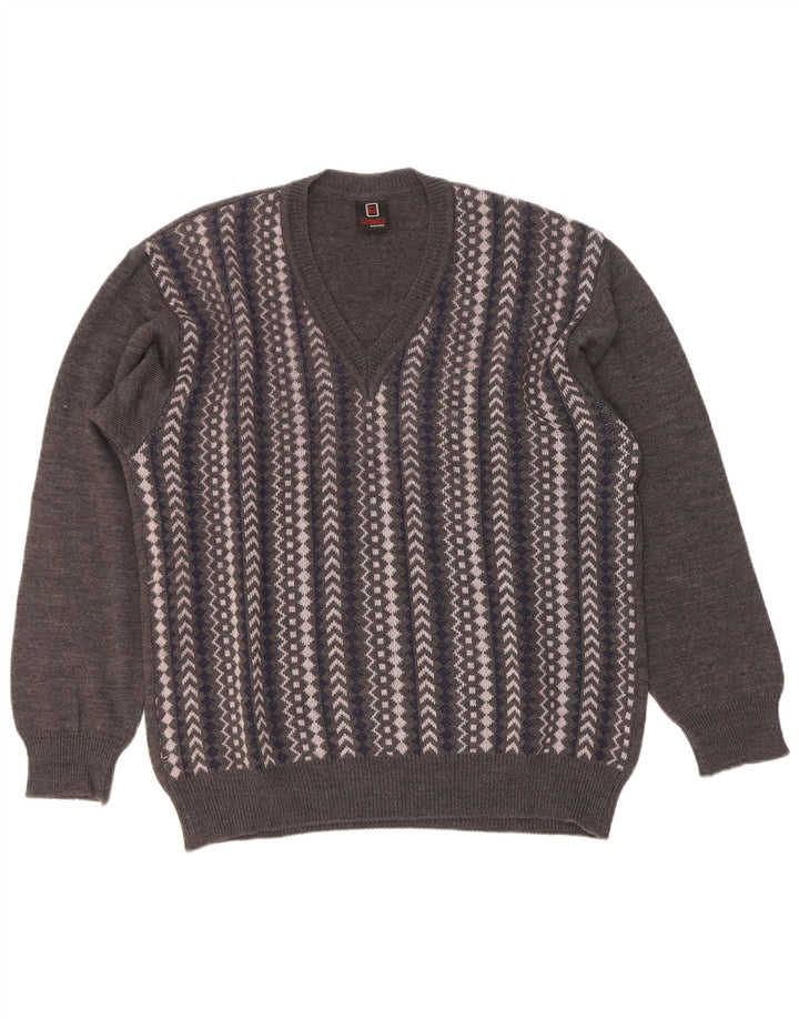 Męski sweter z dekoltem w serek Rinaldi Średni szary, geometryczny wełniany