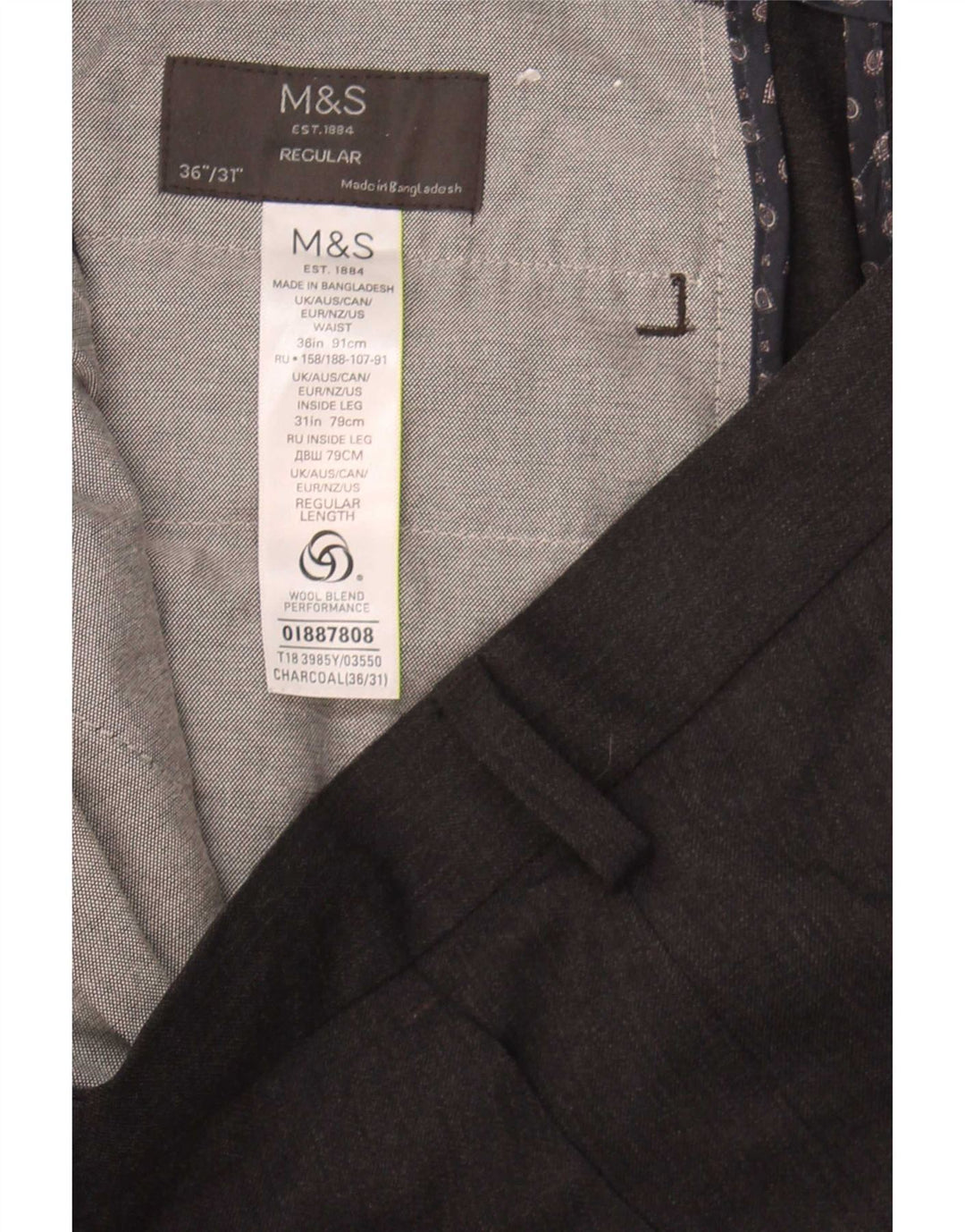 Marks & Spencer Męskie proste spodnie garniturowe W36 L31 Szary poliester