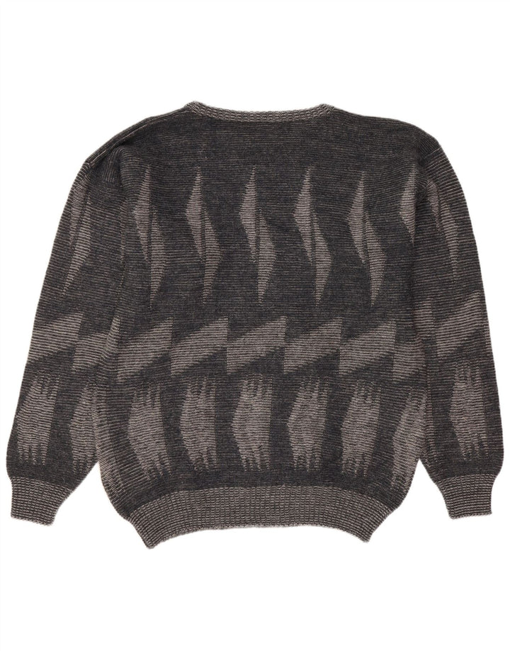 Vintage męski sweter z wycięciem pod szyją, duży, szary, geometryczny