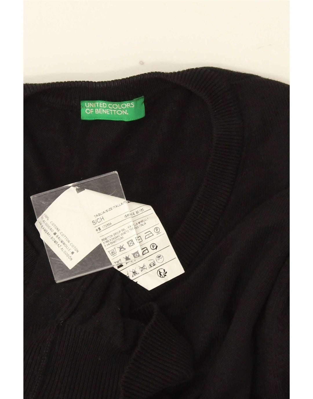 Męski sweter z dekoltem w serek Benetton, mały, czarny, bawełniany