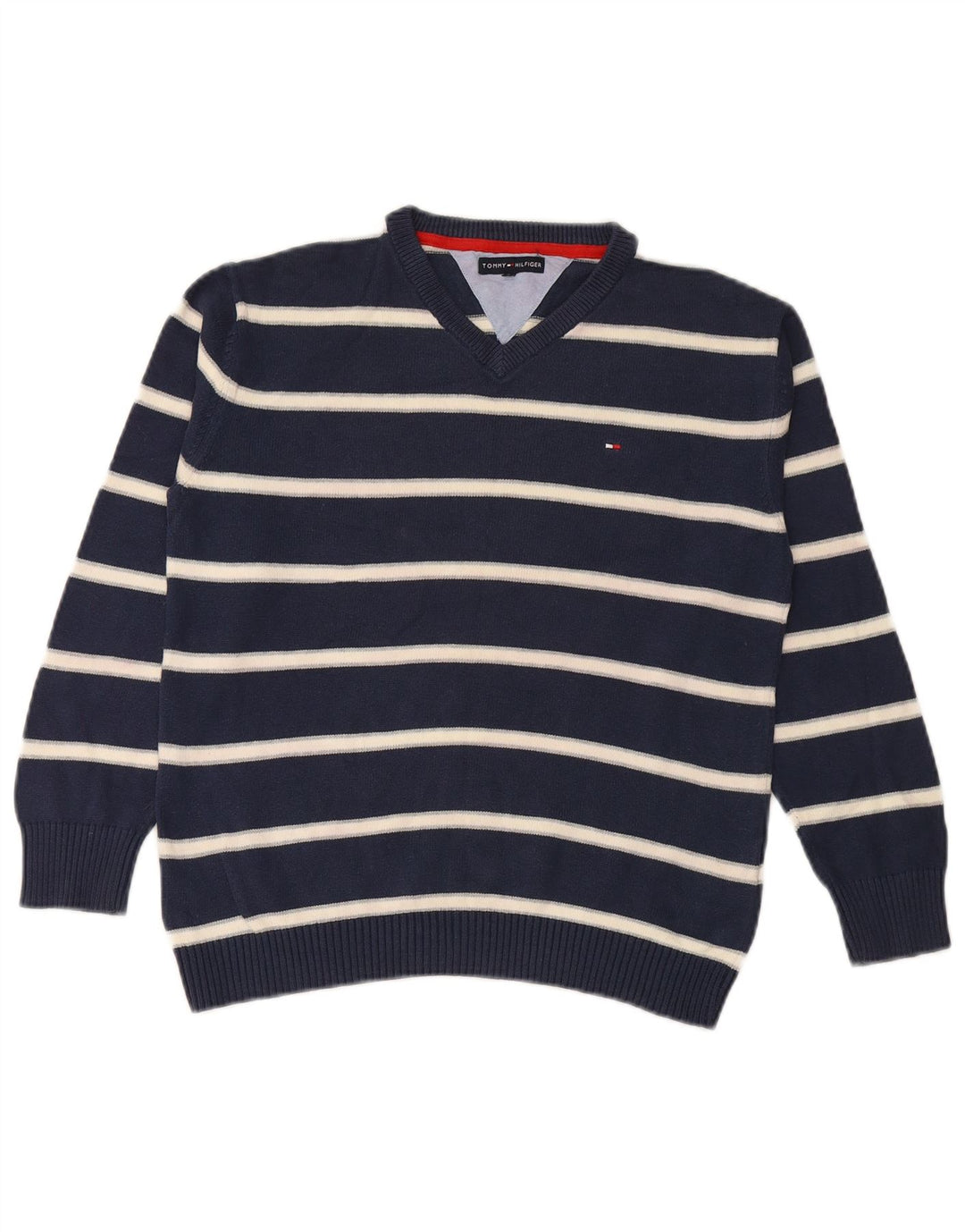 TOMMY HILFIGER Chłopięcy sweter z dekoltem w kształcie litery V, 11-12 lat, granatowy w paski