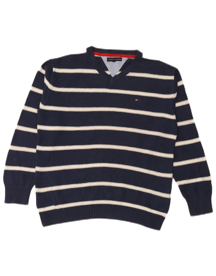 TOMMY HILFIGER Chłopięcy sweter z dekoltem w kształcie litery V, 11-12 lat, granatowy w paski