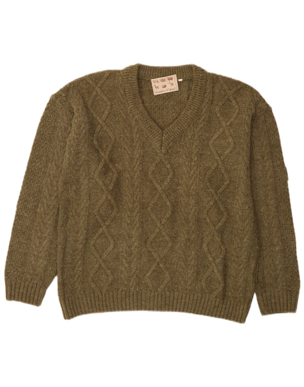 Męski sweter w stylu vintage z dekoltem w szpic, średni akryl w kolorze khaki