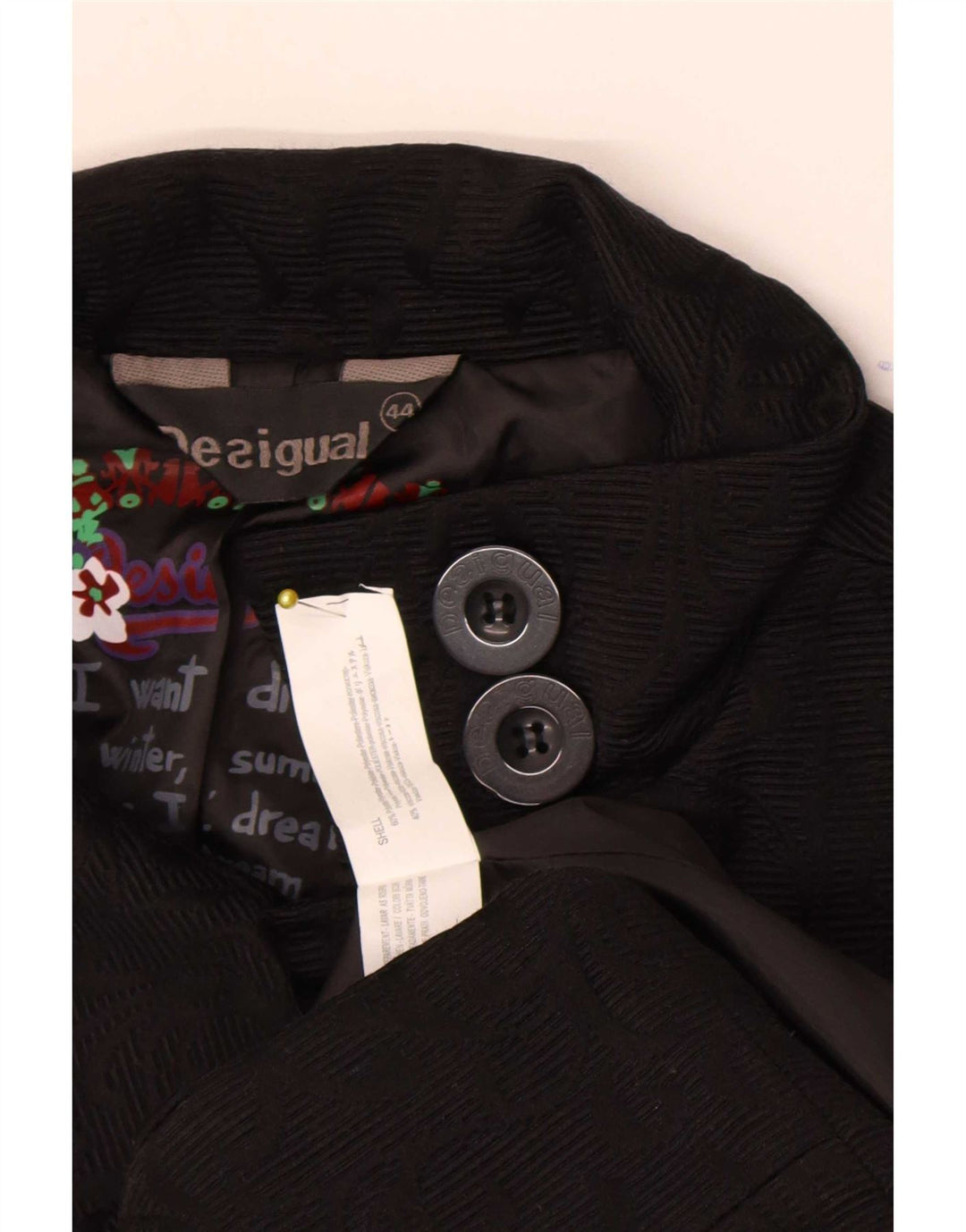Damski płaszcz Desigual Graphic EU 44 XL, czarny, geometryczny poliester