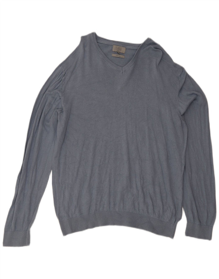 Marks & Spencer Męski sweter o regularnym kroju z dekoltem w kształcie litery V, 2XL, niebieski, bawełniany