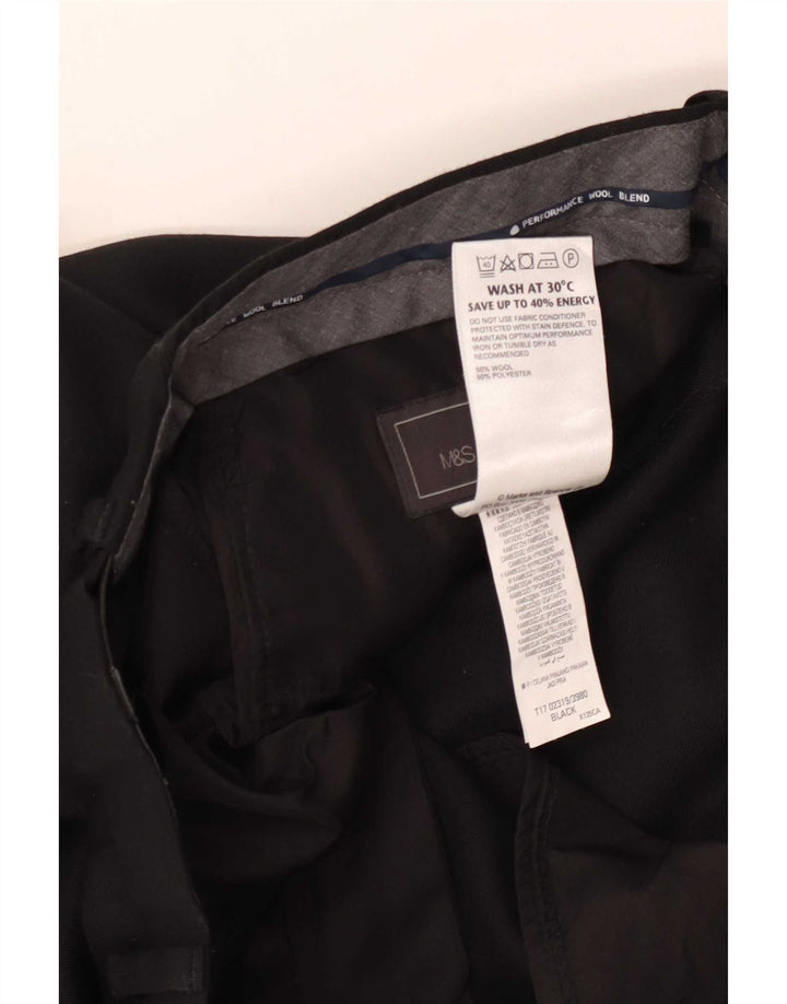 Marks & Spencer Męskie proste spodnie garniturowe o regularnym kroju W34 L31 Czarna wełna