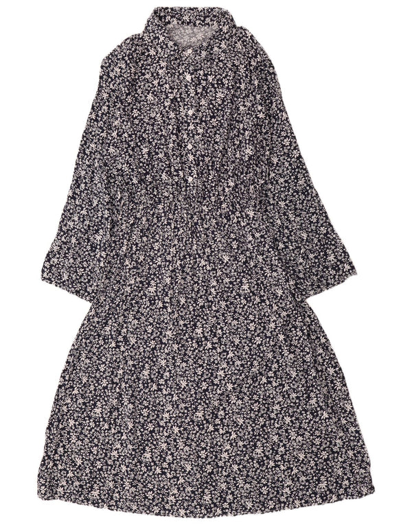 Damska sukienka maxi z długim rękawem VINTAGE UK 14, duża, granatowa, z bawełny w kwiaty