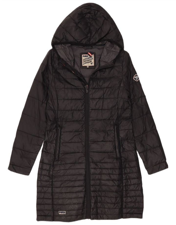 Damski ocieplany płaszcz z kapturem Puffa UK 8, mały, czarny nylon
