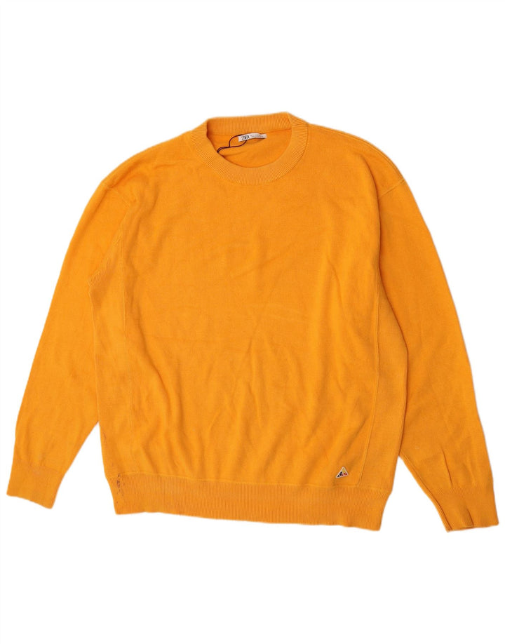 Męski sweter Zara z okrągłym dekoltem, duży, żółty, bawełniany
