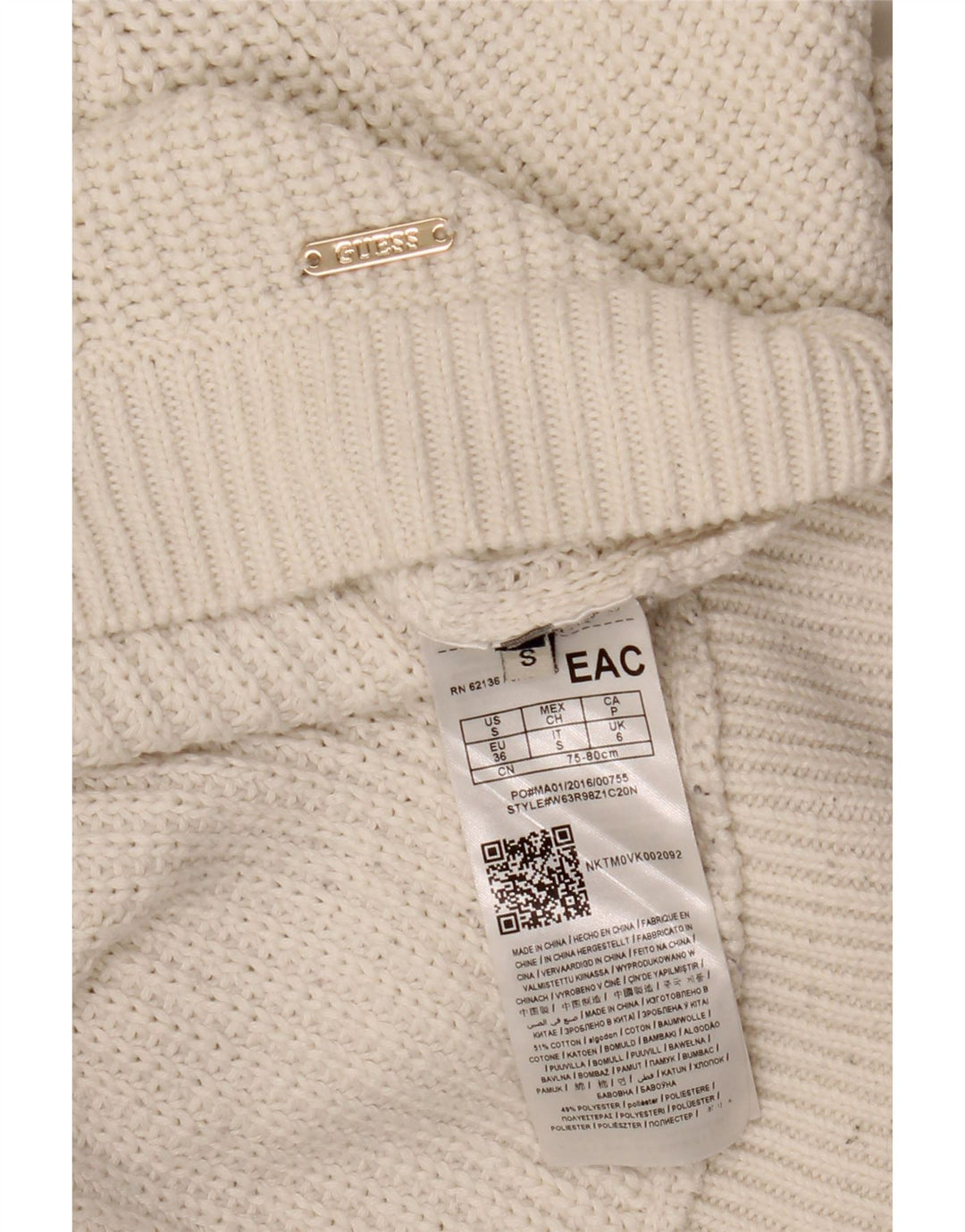 Damski sweter oversize GUESS z dekoltem w łódkę, UK 6, mały, biały, bawełniany