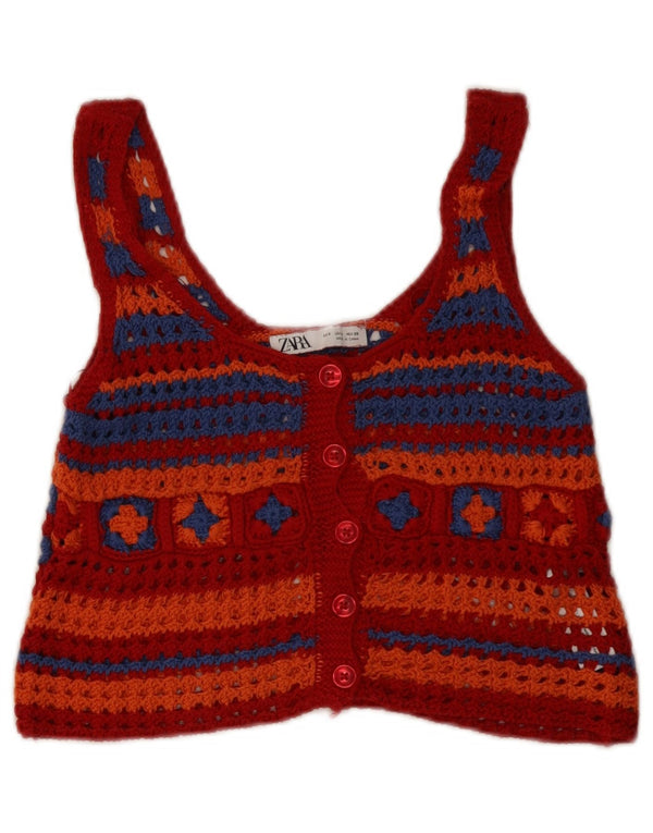 Damski krótki top bez rękawów Zara, szydełkowany, UK 8, mały, czerwony, geometryczny, bawełniany