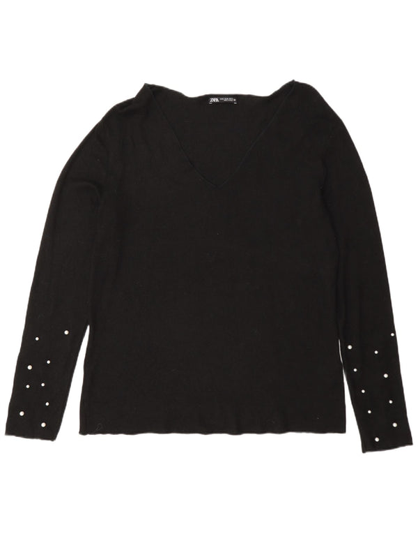 Damski sweter Zara z dekoltem w kształcie litery V, UK 18 XL, czarna wiskoza w cętki