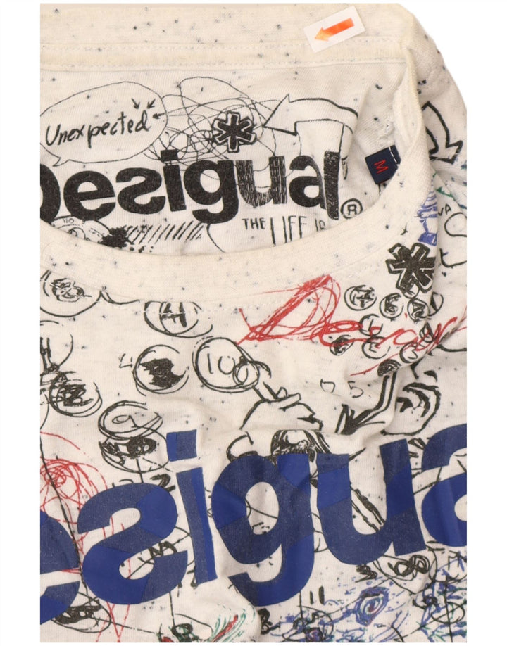 DESIGUAL Męski T-shirt z grafiką w abstrakcyjny wzór, średniej wielkości biała bawełna