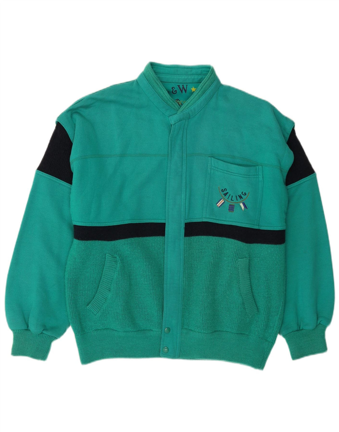 Męski sweter rozpinany VINTAGE, duży, zielony, wełniany blok kolorów