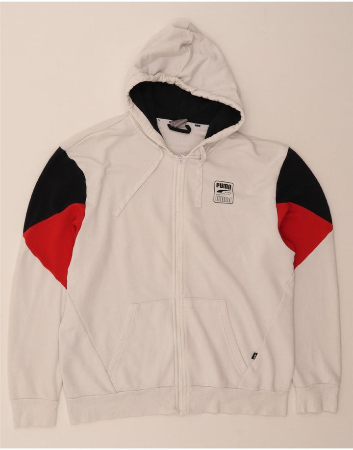 PUMA Mens Zip Hoodie Sweater Large White Colourblock Cotton Vintage Puma and Second-Hand Puma from Messina Hembry 