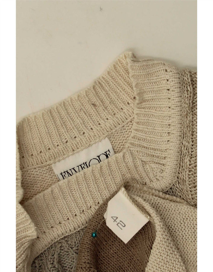 Sweter damski w stylu vintage z okrągłym dekoltem EU 42, duży beżowy patchwork