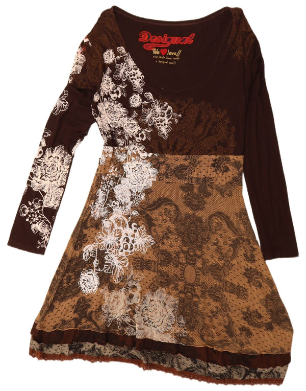 Desigual damska graficzna sukienka trapezowa z długim rękawem UK 20 2XL brązowa paisley