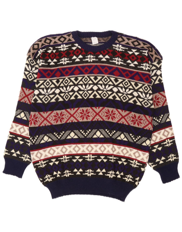 Vintage męski sweter z okrągłym dekoltem, duży, wielokolorowy, akryl Fair Isle