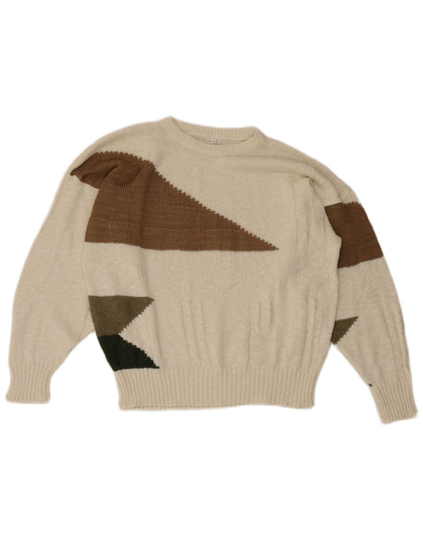Sweter dziewczęcy z okrągłym dekoltem w stylu vintage, 13-14 lat, biała, geometryczna bawełna