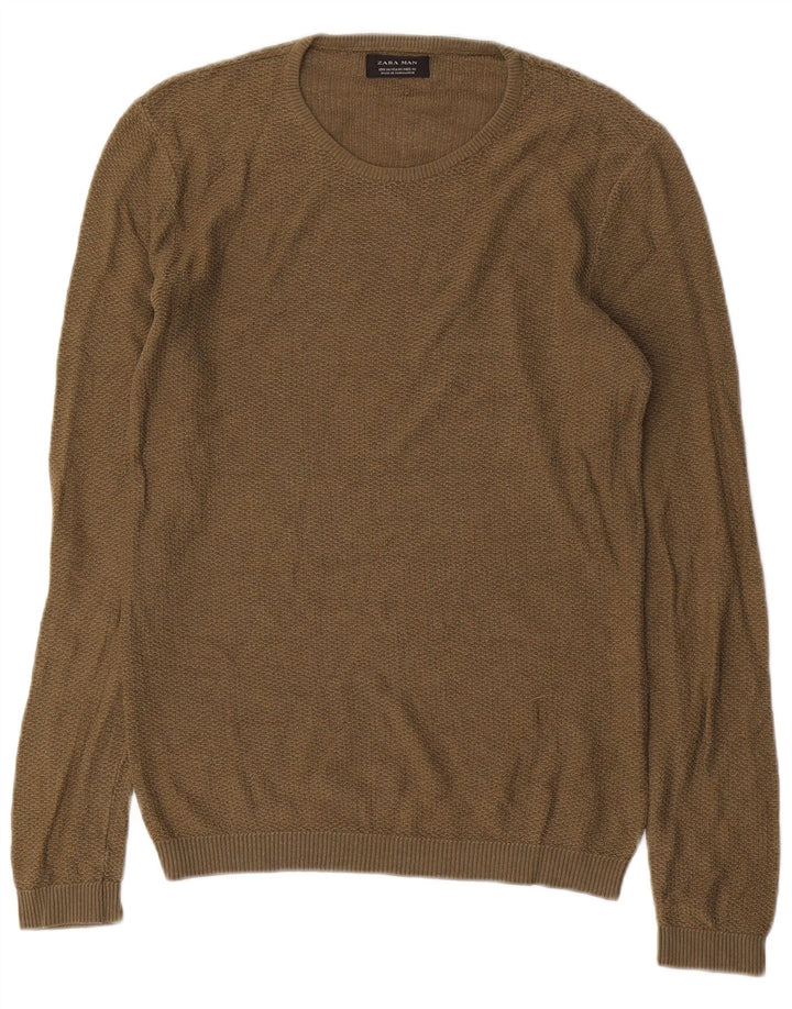 Męski sweter z okrągłym dekoltem Zara, średni khaki, akryl