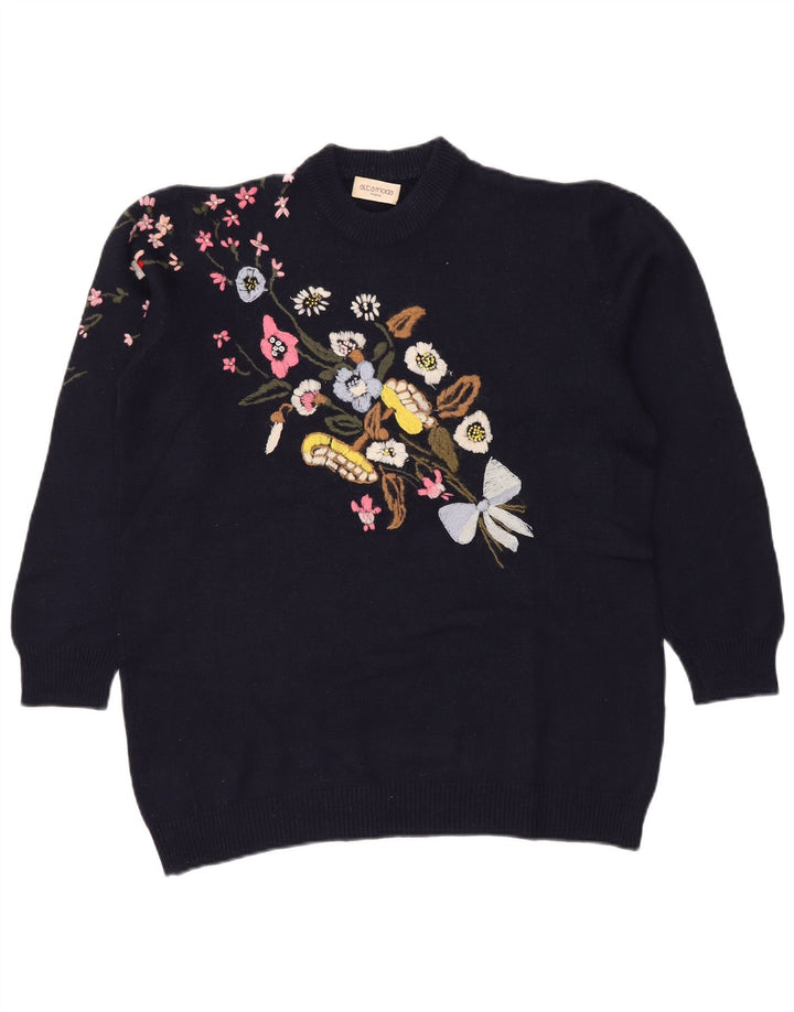 Damski sweter z okrągłym dekoltem ALTA MODA UK 16, duży granatowy w kwiaty