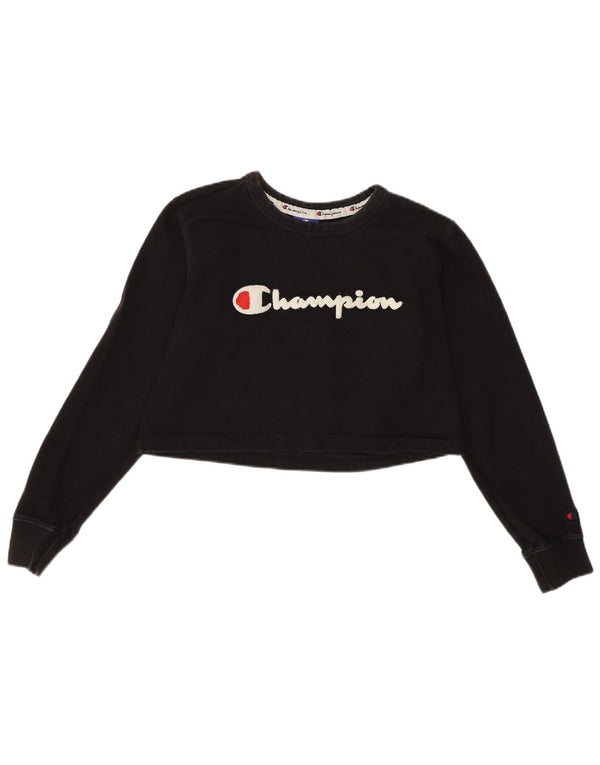 Champion Womens Crop Graphic Top Long Sleeve UK 10 Small Black Cotton