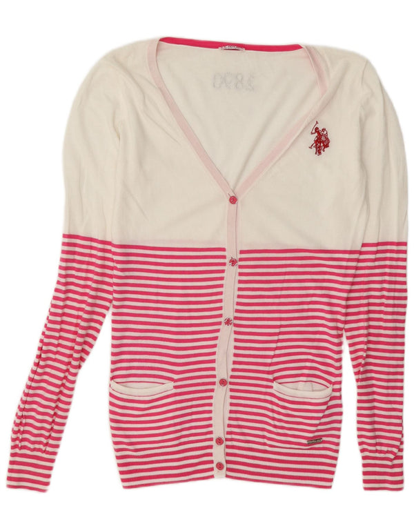 US Polo Assn. Damski sweter rozpinany UK 10, małe, białe paski, bawełna