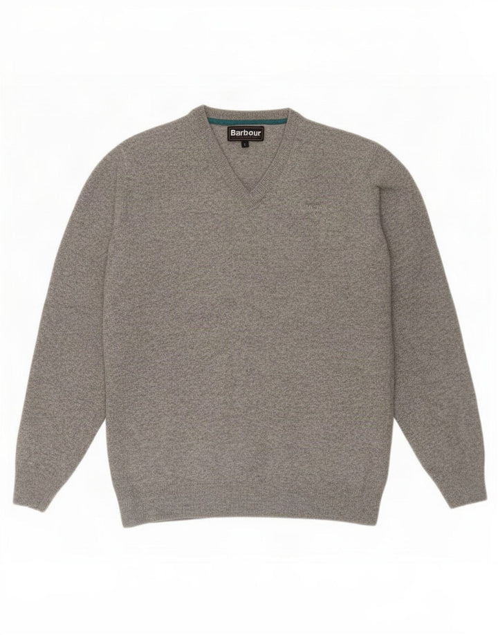 Męski sweter Barbour z dekoltem w kształcie litery V, duży, szary, z owczej wełny