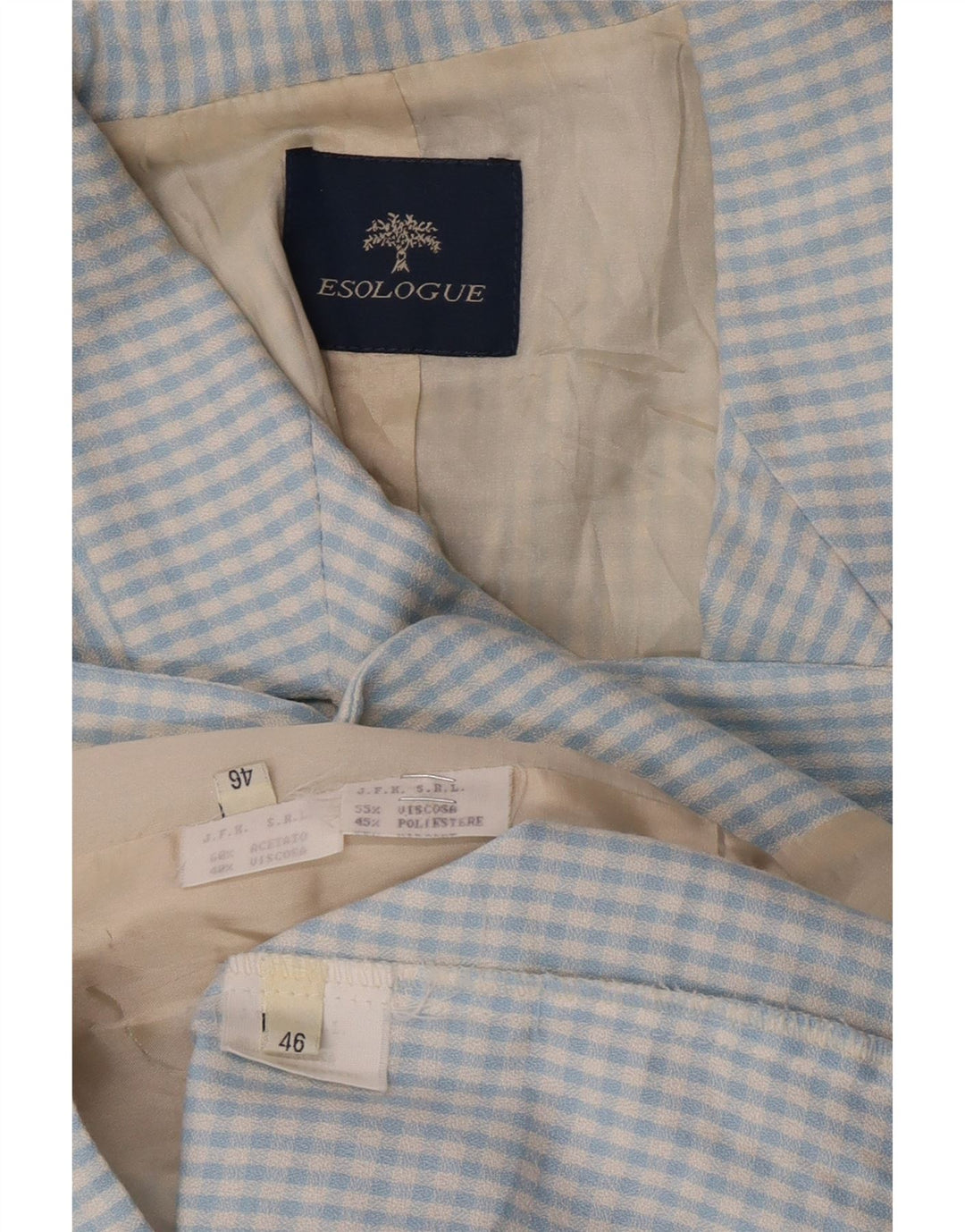 Vintage damski zestaw z 3 guzikami i 2 częściami IT 46, duża niebieska wiskoza w kratkę