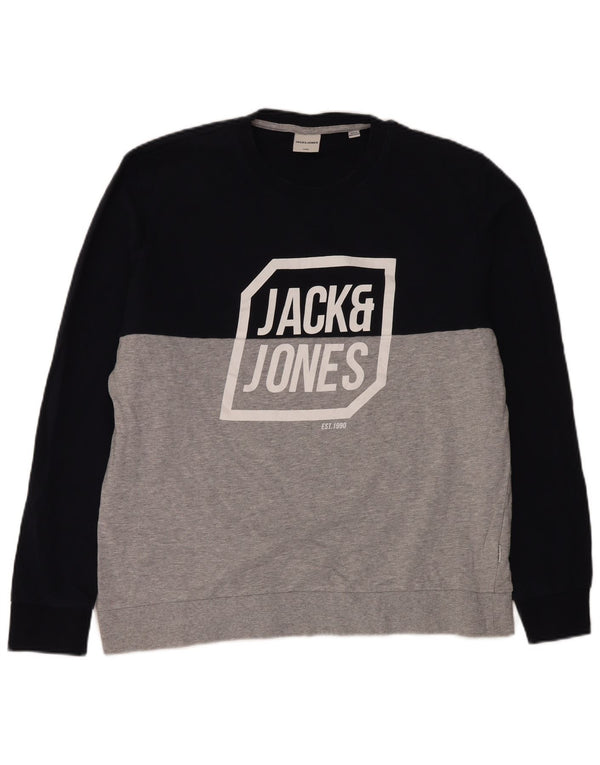 JACK & JONES Męska bluza z grafiką, sweter XL, szara, bawełniana w bloki kolorów