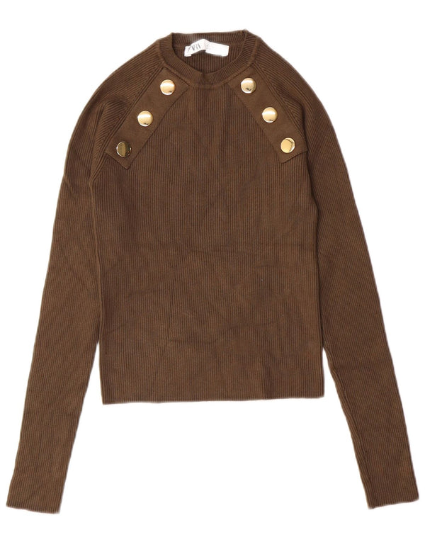 Damski sweter ZARA z okrągłym dekoltem, UK 8, mały khaki