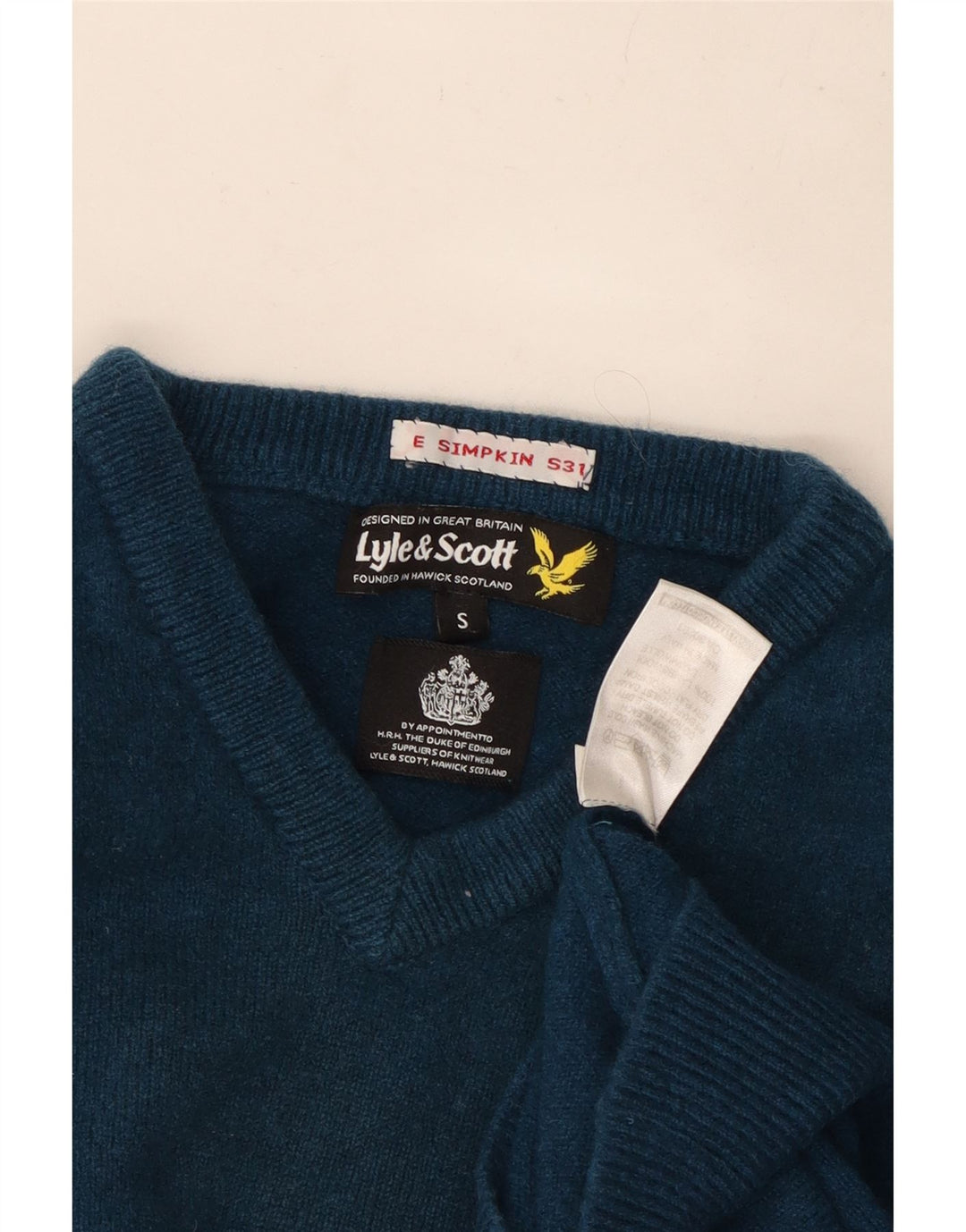 Damski sweter z dekoltem w kształcie litery V, Lyle & Scott, UK 10, mały niebieski