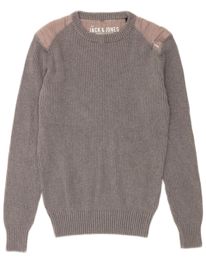 Męski sweter Jack & Jones z okrągłym dekoltem, średnioszary, bawełniany w bloki kolorów