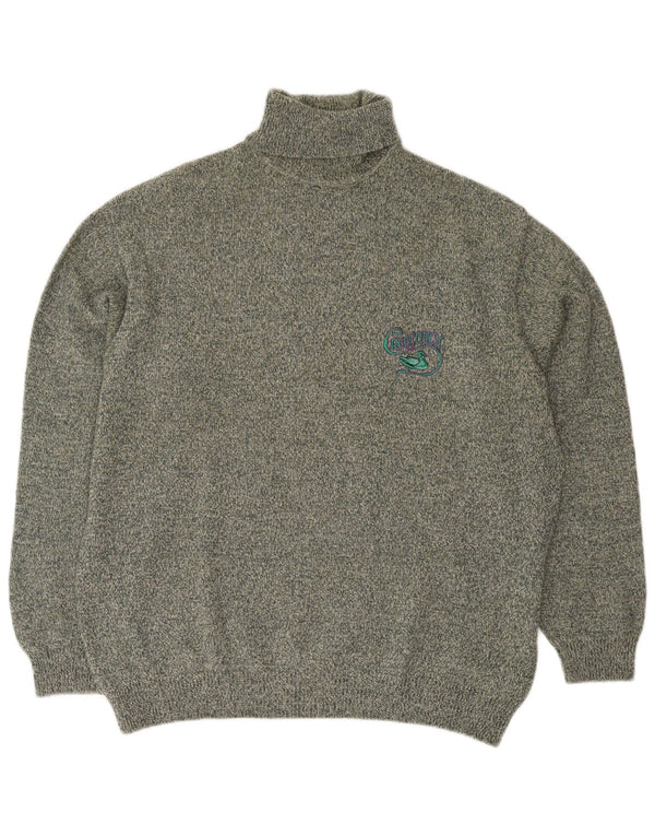 Vintage męski sweter z wywijanym dekoltem XL, zielony, wełniany nakrapiany, retro