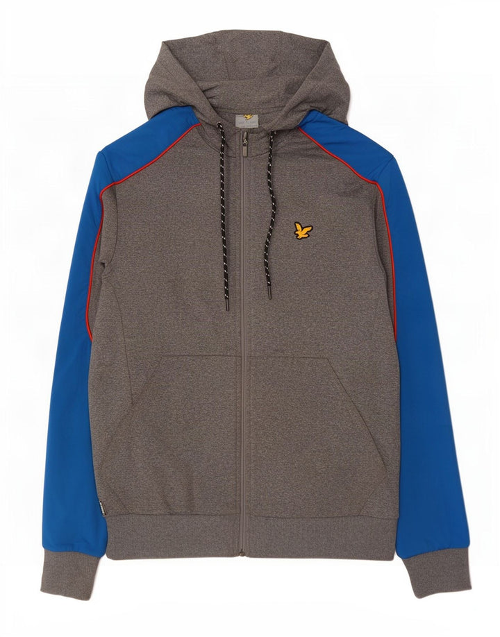 Męski sweter z kapturem i zamkiem Lyle & Scott, mały, szary, z blokami kolorów, poliester