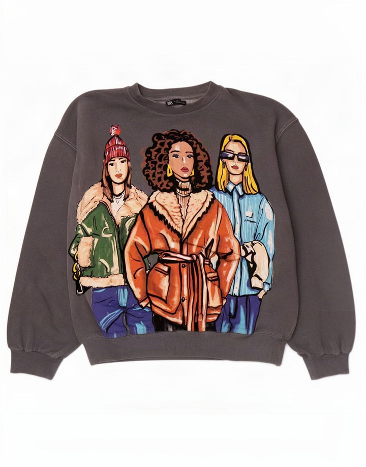 Damska bluza oversize Zara z grafiką UK 10, mała, szara bawełna