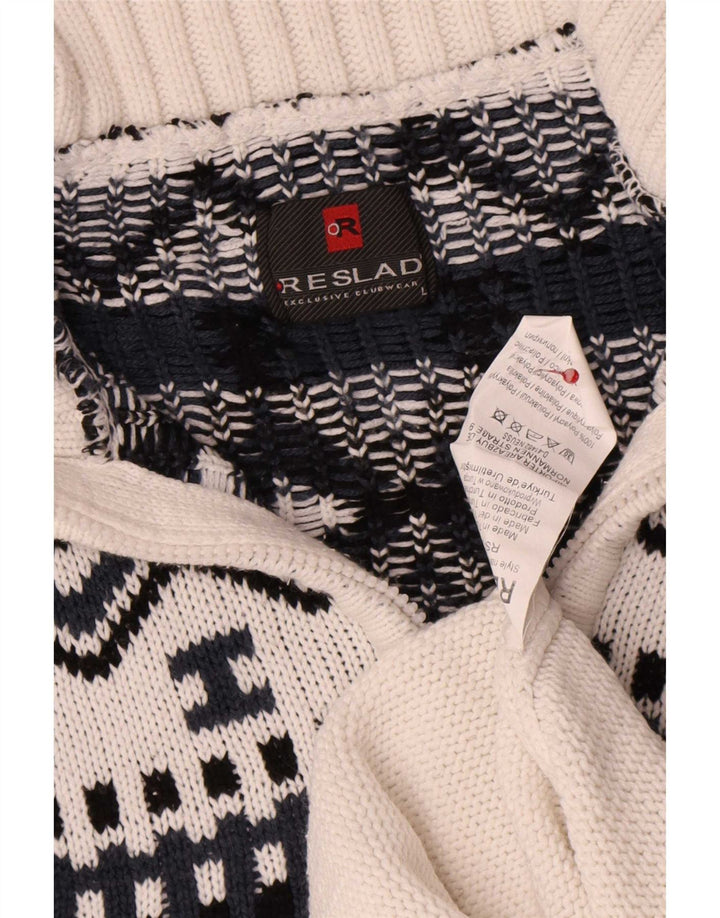 Vintage męski sweter z zamkiem błyskawicznym, duży biały geometryczny poliakryl