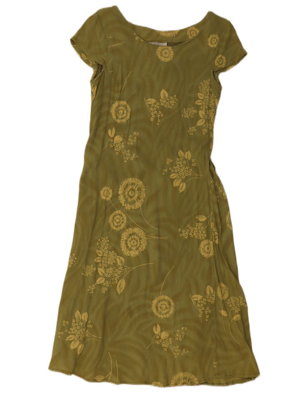 Damska sukienka w kształcie litery A w stylu vintage UK 14, duża, khaki, wiskoza w kwiaty