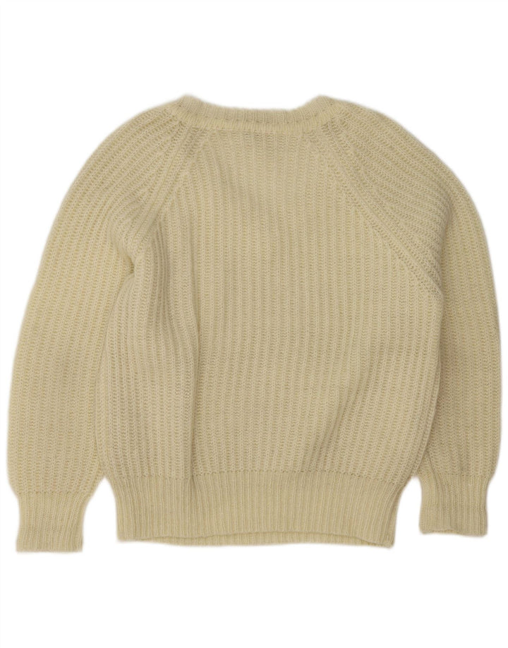 Sweter damski w stylu vintage z dekoltem w szpic, EU 38, średni, złamany biały akryl