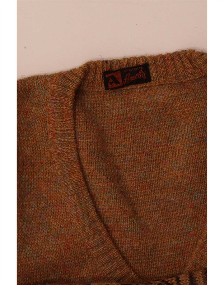 Męski sweter w stylu vintage z dekoltem w szpic, średnio brązowy, akryl Fair Isle
