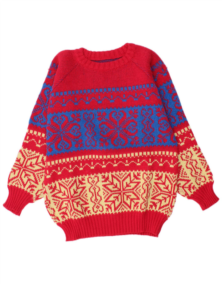 Vintage męski sweter z dekoltem w łódkę, średni czerwony Fair Isle