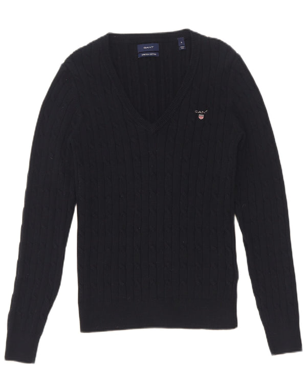 Sweter damski Gant z dekoltem w kształcie litery V, UK 8, mały, granatowy, bawełniany