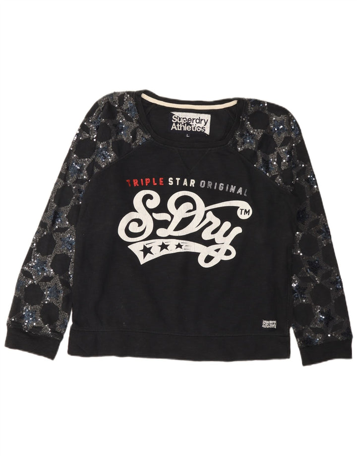 Damski sweter z grafiką SUPERDRY, UK 16, duży, czarny, bawełniany