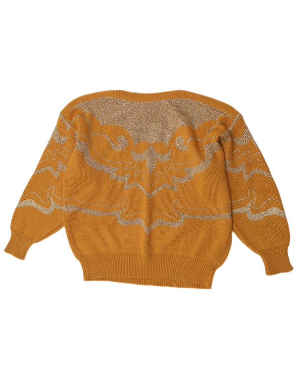 Vintage damski sweter z abstrakcyjnym wzorem i dekoltem w łódkę UK 18 XL żółty