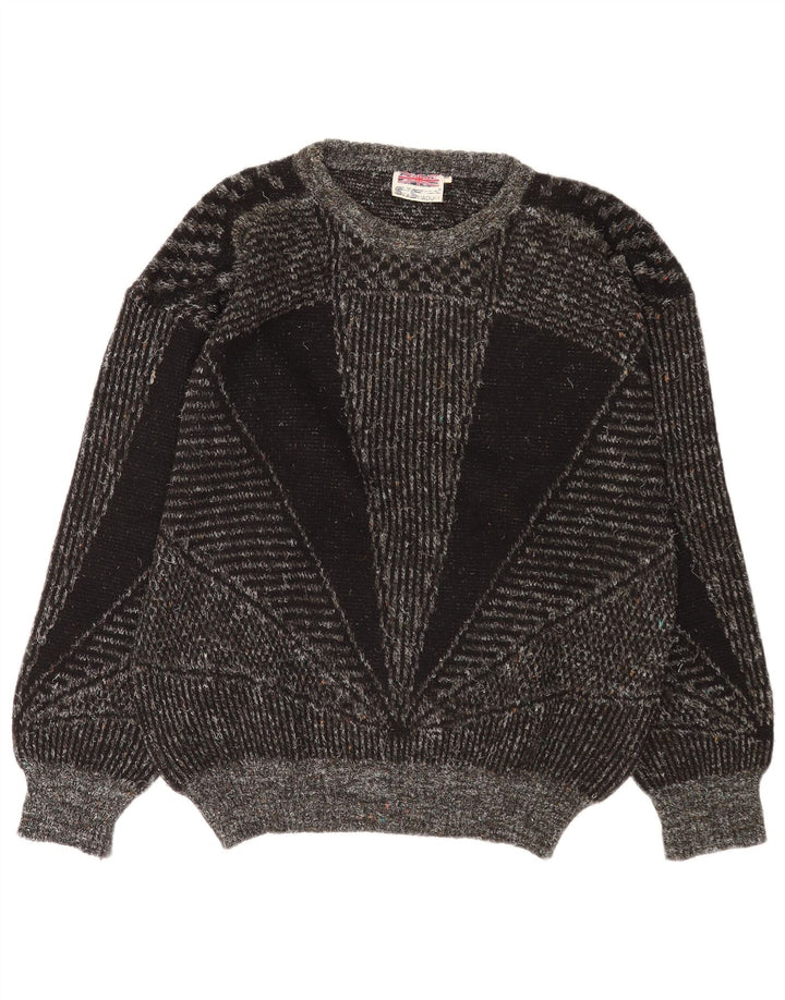 Vintage męski sweter z dekoltem w łódkę, średnioszary, geometryczny wełniany