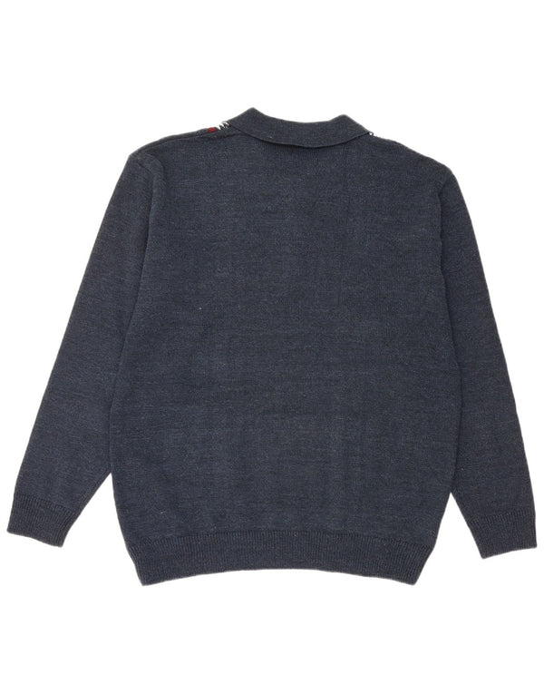 Vintage Mens Polo Neck Jumper Sweater XL Navy Blue Geometric Polyacrylic