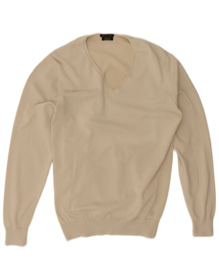 Męski sweter Massimo Dutti z dekoltem w kształcie litery V, średnio beżowy, bawełniany