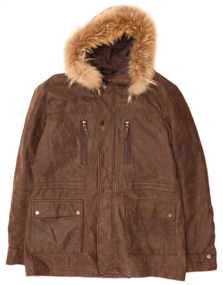 Conbipel Męski płaszcz skórzany z kapturem IT 54 XL Brązowa skóra