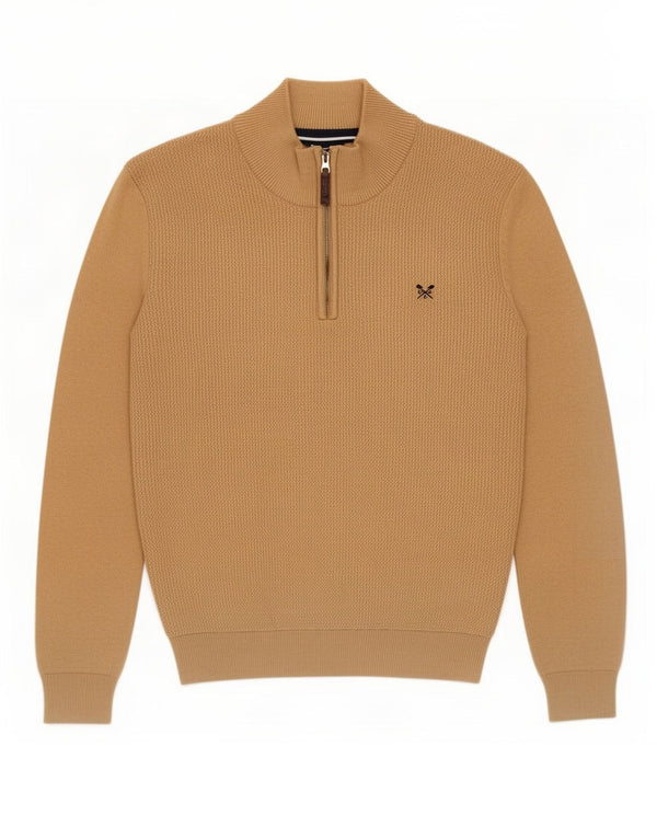 Crew Clothing Męski sweter z zamkiem błyskawicznym, duży, brązowy, bawełniany