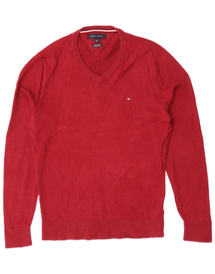 Męski sweter Tommy Hilfiger z dekoltem w kształcie litery V, mały, czerwony, bawełniany